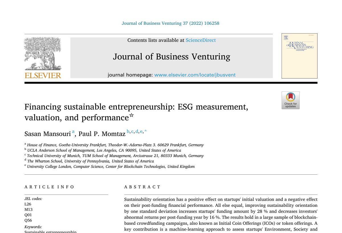 Titelseite des Papers „Financing Sustainable Entrepreneurship: ESG Measurement, Valuation, and Performance“