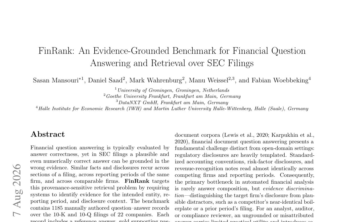 Titelseite des Papers „FinRank: An Evidence-Grounded Benchmark for Financial Question Answering and Retrieval over SEC Filings“