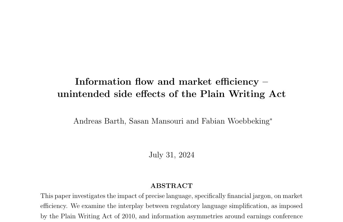 Titelseite des Papers „Information Flow and Market Efficiency – Unintended Side Effects of the Plain Writing Act“